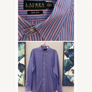 Ralph Lauren Blue Pink Stripe Button Up Shirt 17.5